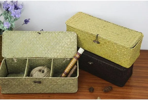 Aufbewahrungskorb mit 3 Fächern aus Rattan und Weide mit Deckel Aufbewahrungskorb mit 3 Fächern aus Rattan und Weide mit Deckel