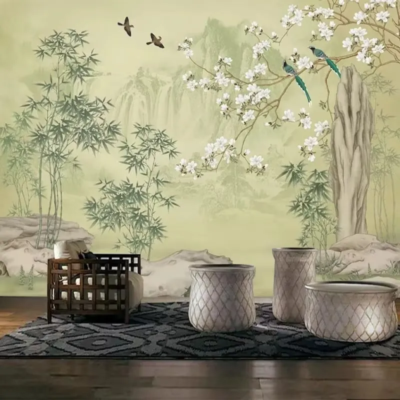 Bambus-Wanddeko mit kunstvollem Magnoliendesign