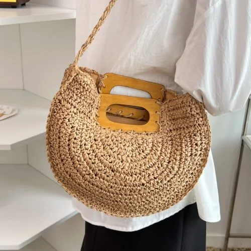Damenhandtasche aus Rattan mit Holzgriff Damenhandtasche aus Rattan mit Holzgriff