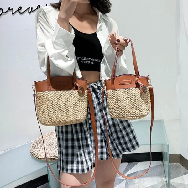 Damenhandtasche aus Stroh und Kunstleder Damenhandtasche aus Stroh und Kunstleder