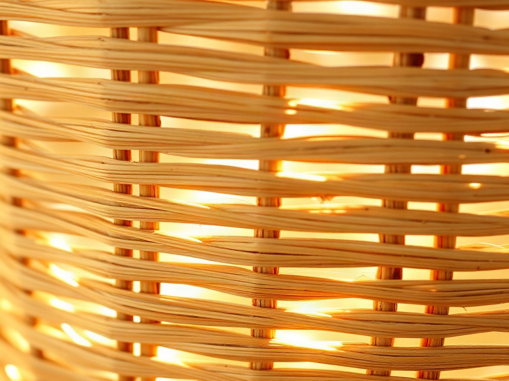 Detailaufnahme der Flechtstruktur einer Rattanvase mit warmen Lichtspielen