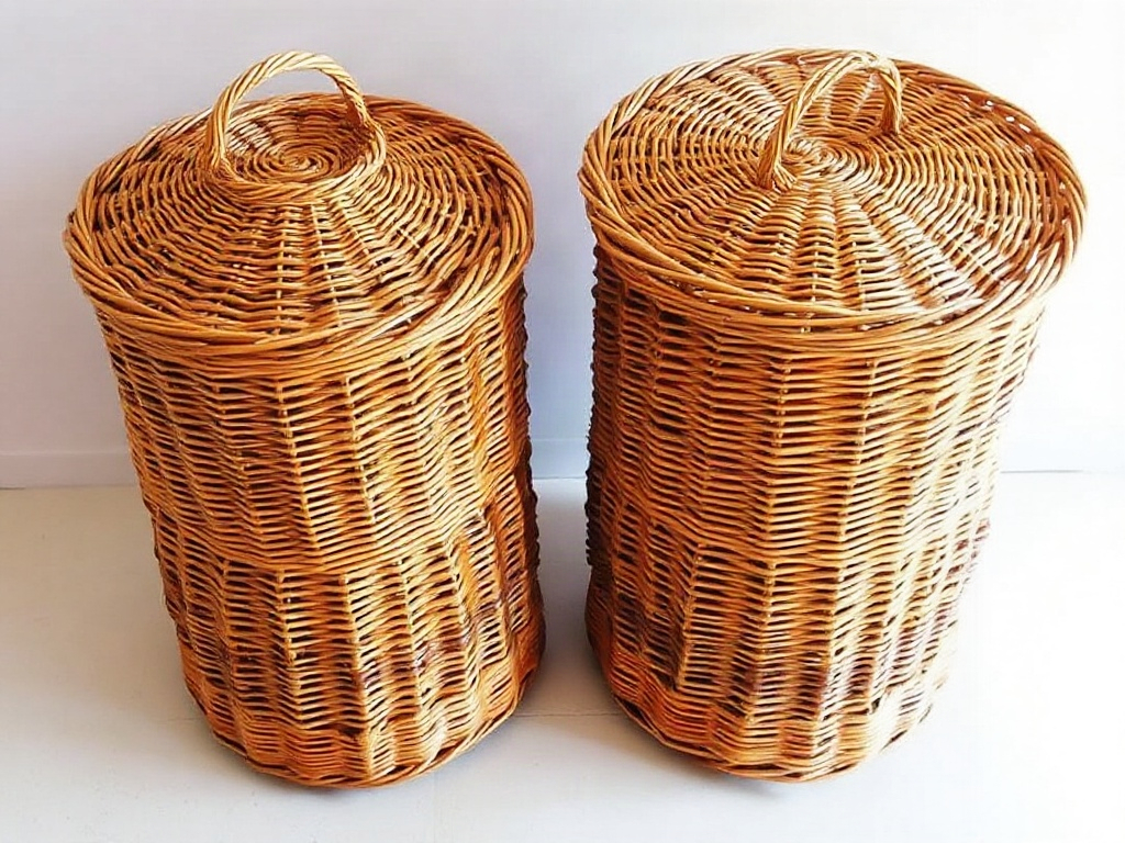 Größenvergleich zwischen kleinem und großem Rattan-Wäschekorb mit Deckel