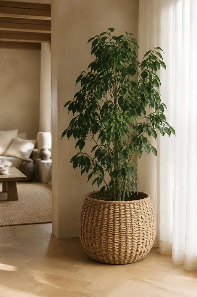 Großer Rattan Übertopf mit Ficus vor einem Fenster