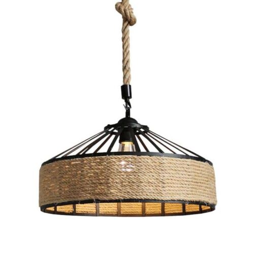 Industrielle Hängelampe mit Rattan-Schirm und schwarzem Gestell Industrielle Hängelampe mit Rattan-Schirm und schwarzem Gestell