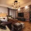 Industrielle Holz-Hängelampe mit vier Lampenschirmen und LED Industrielle Holz-Hängelampe mit vier Lampenschirmen und LED