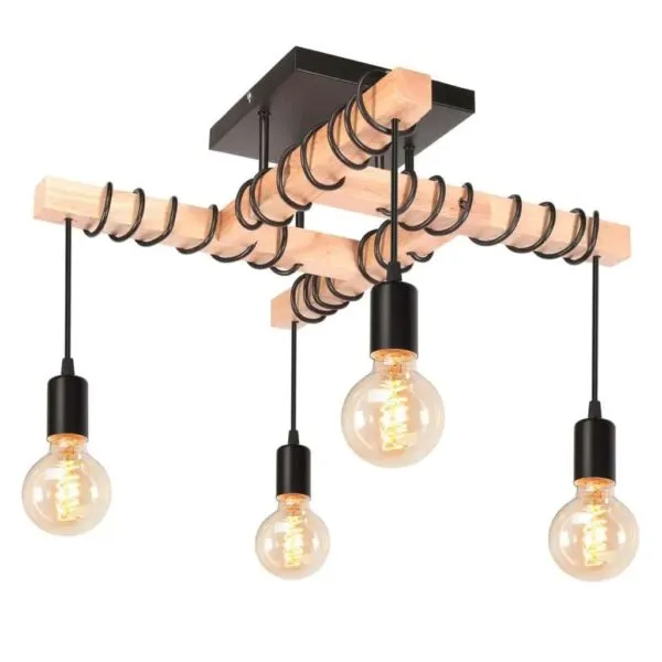 Industrielle Holz-Hängelampe mit vier Lampenschirmen und LED Industrielle Holz-Hängelampe mit vier Lampenschirmen und LED