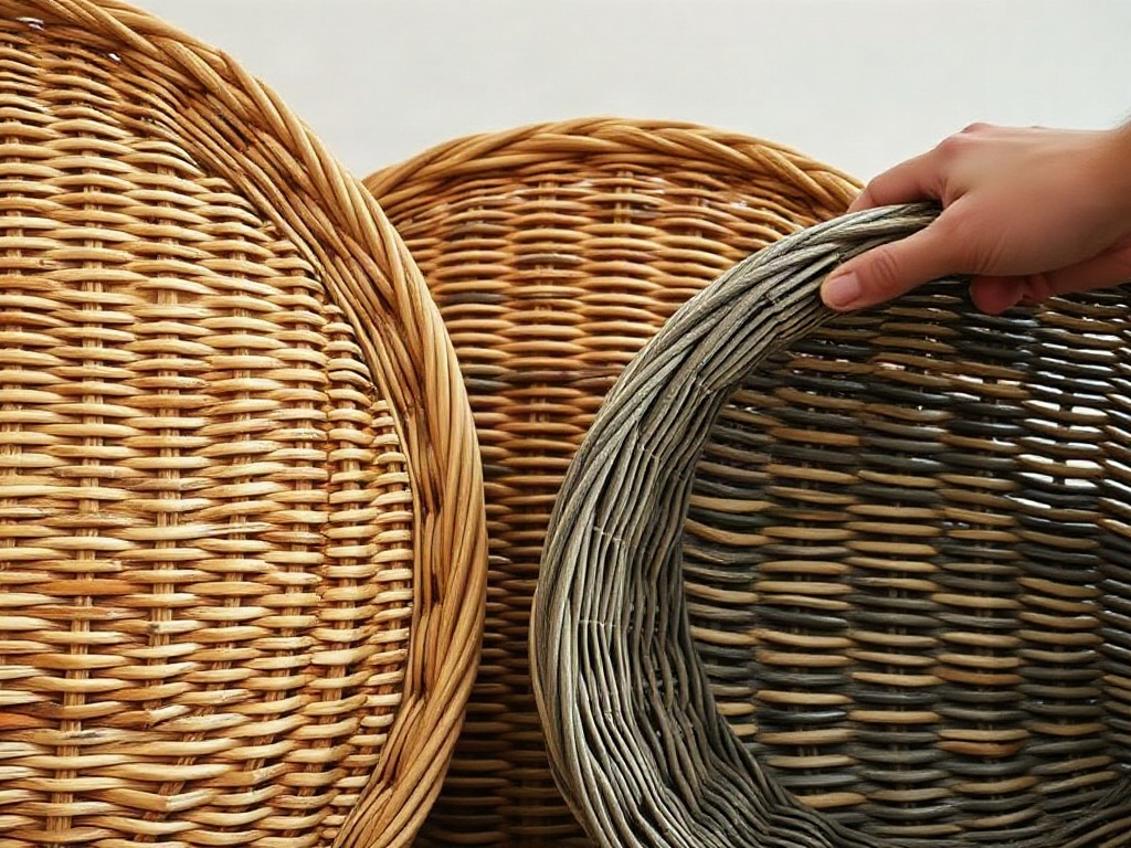 Drei unterschiedlich große Körbe mit verschiedenen Flechtmustern und Farbtönen nebeneinander, Detailaufnahme der Woven-Strukturen