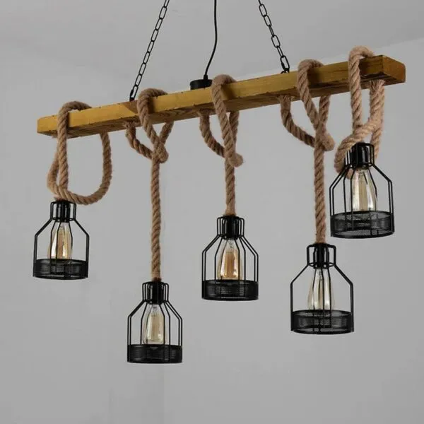 LED-Hängeleuchte aus Holz im Industrie-Look mit Seil LED-Hängeleuchte aus Holz im Industrie-Look mit Seil