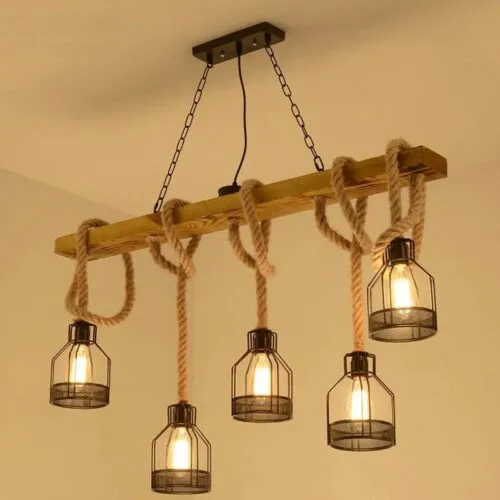 LED-Hängeleuchte aus Holz im Industrie-Look mit Seil LED-Hängeleuchte aus Holz im Industrie-Look mit Seil