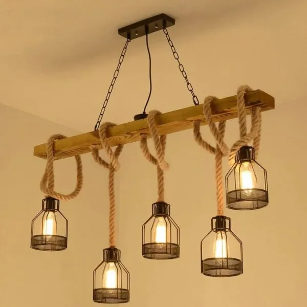 LED-Hängeleuchte aus Holz im Industrie-Look mit Seil LED-Hängeleuchte aus Holz im Industrie-Look mit Seil