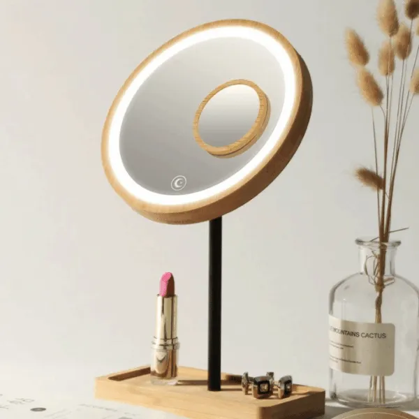 LED-Spiegel mit Holzrahmen und Touch-Sensor LED-Spiegel mit Holzrahmen und Touch-Sensor