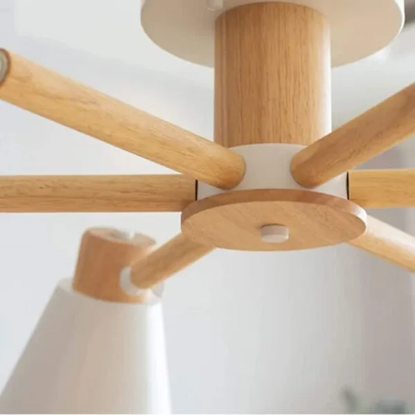 Nordische Holzhängeleuchte mit drei Lampenschirmen Nordische Holzhängeleuchte mit drei Lampenschirmen