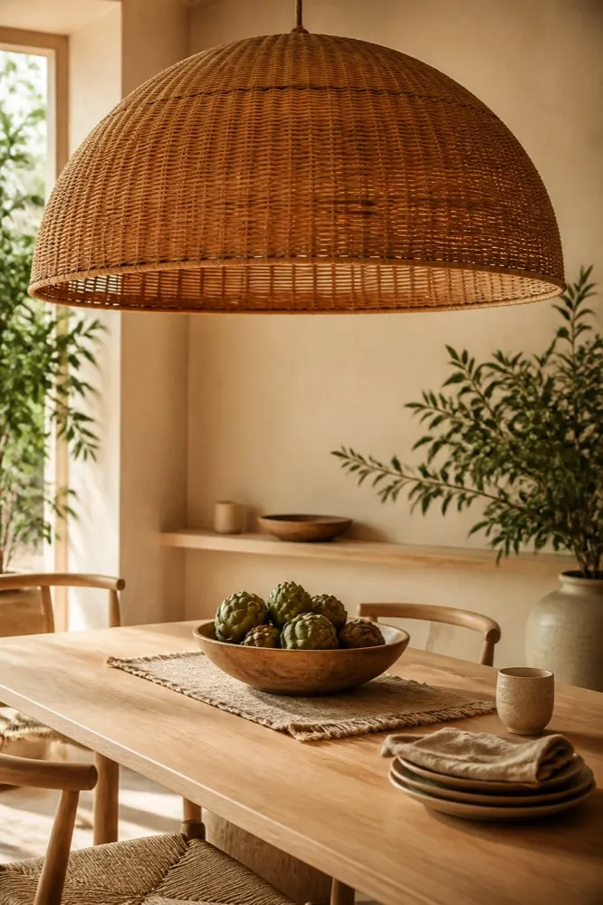 Rattan Hängelampe über einem Esstisch