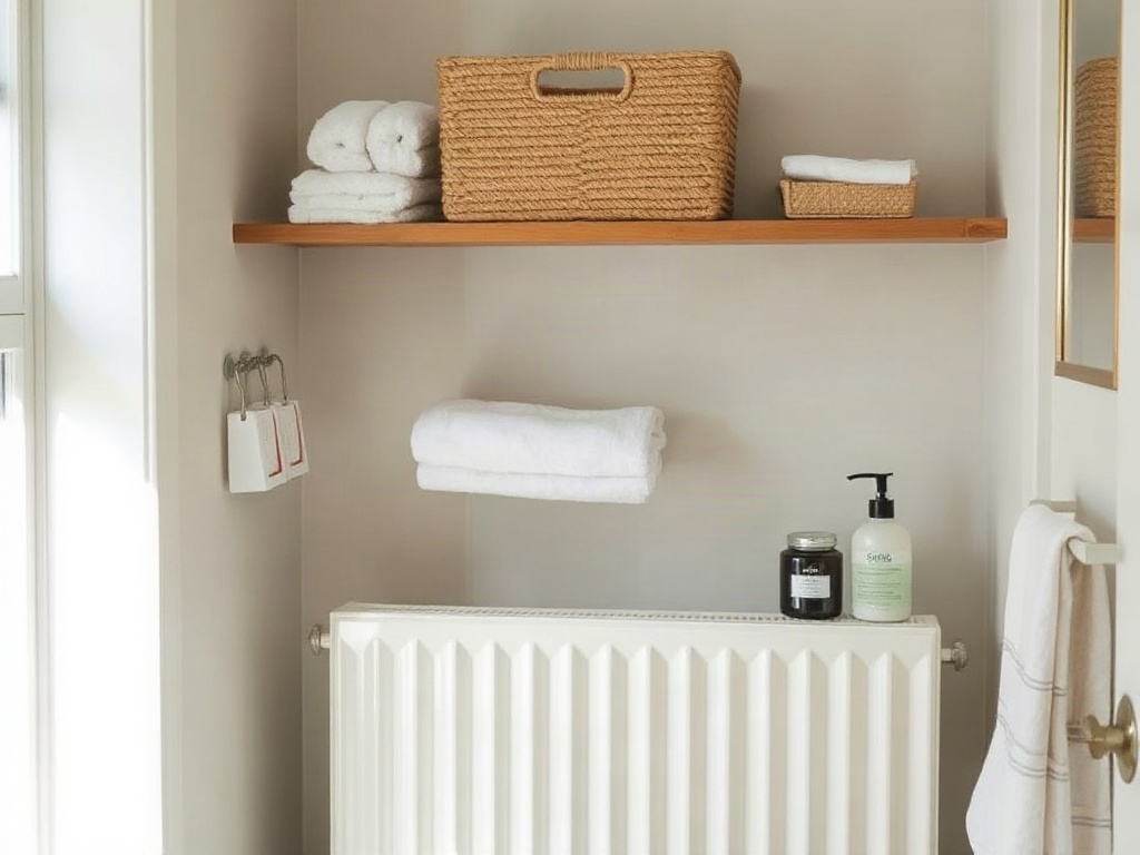 Ideal platzierter Rattan-Korb im Badezimmer über Heizkörper