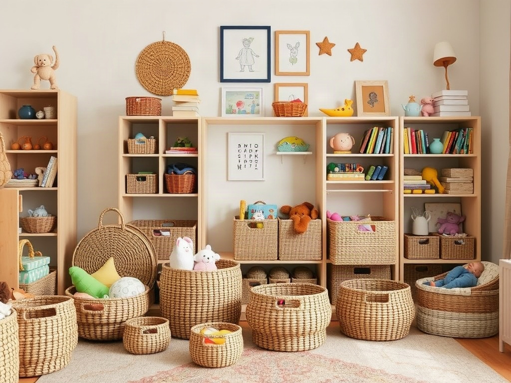 Kinderzimmer mit mehreren unterschiedlich großen Rattankörben in verschiedenen Höhen, gefüllt mit Spielzeugen und Ordnungsartikeln