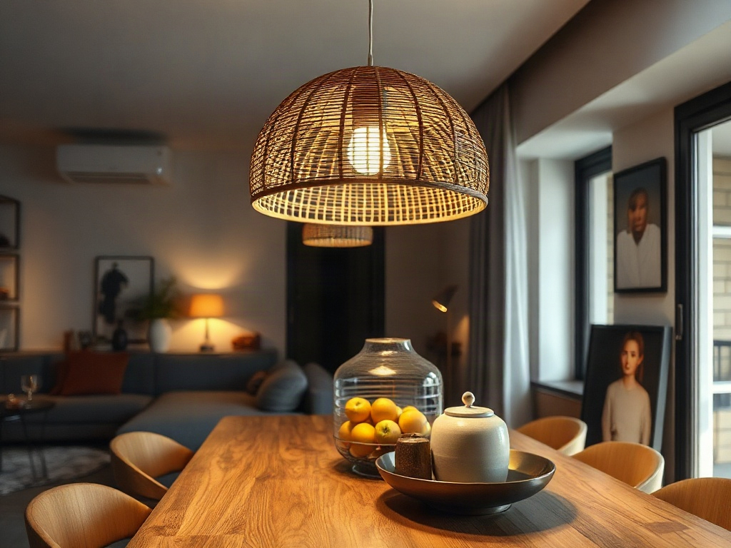 Wohnzimmer mit Rattan-Pendelleuchte, Lichter fallen auf den Tisch und die Wand