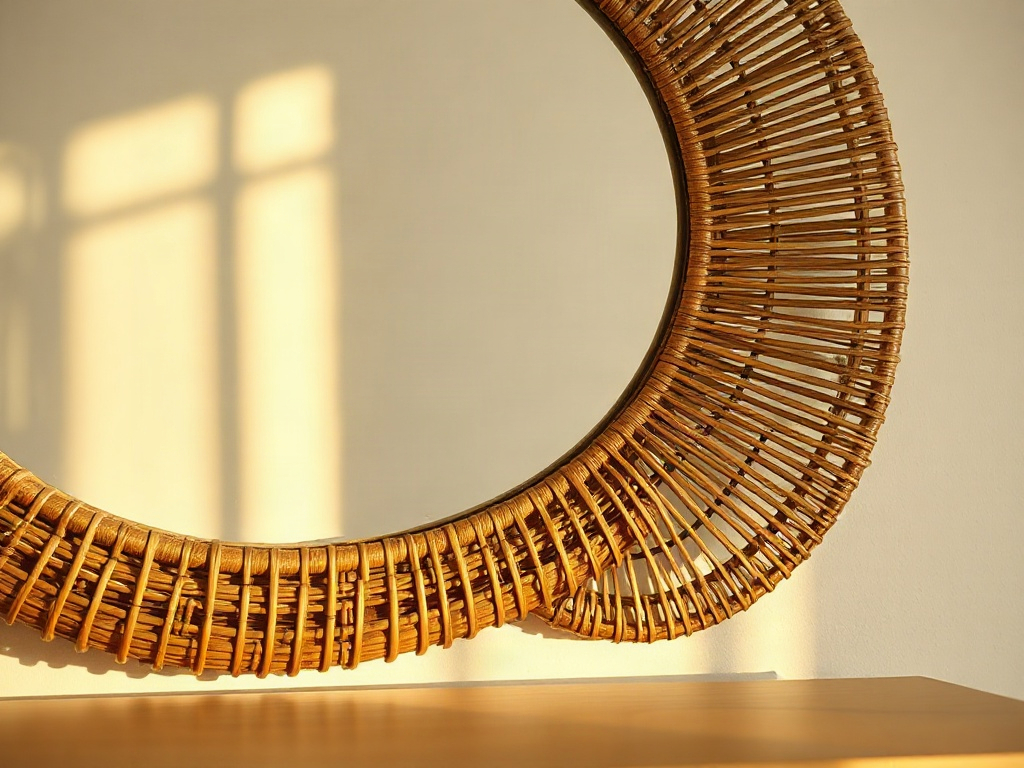 Detailaufnahme eines ovalen Rattanspiegelrahmens mit erkennbarer Flechtstruktur und Materialspannung