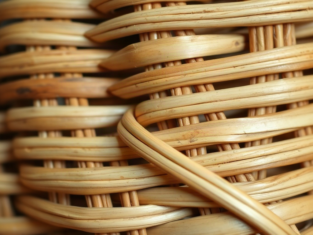 Nahaufnahme der Flechtstruktur eines handgeflochtenen Rattan-Tabletts mit sichtbaren individuellen Rattan-Strängeln