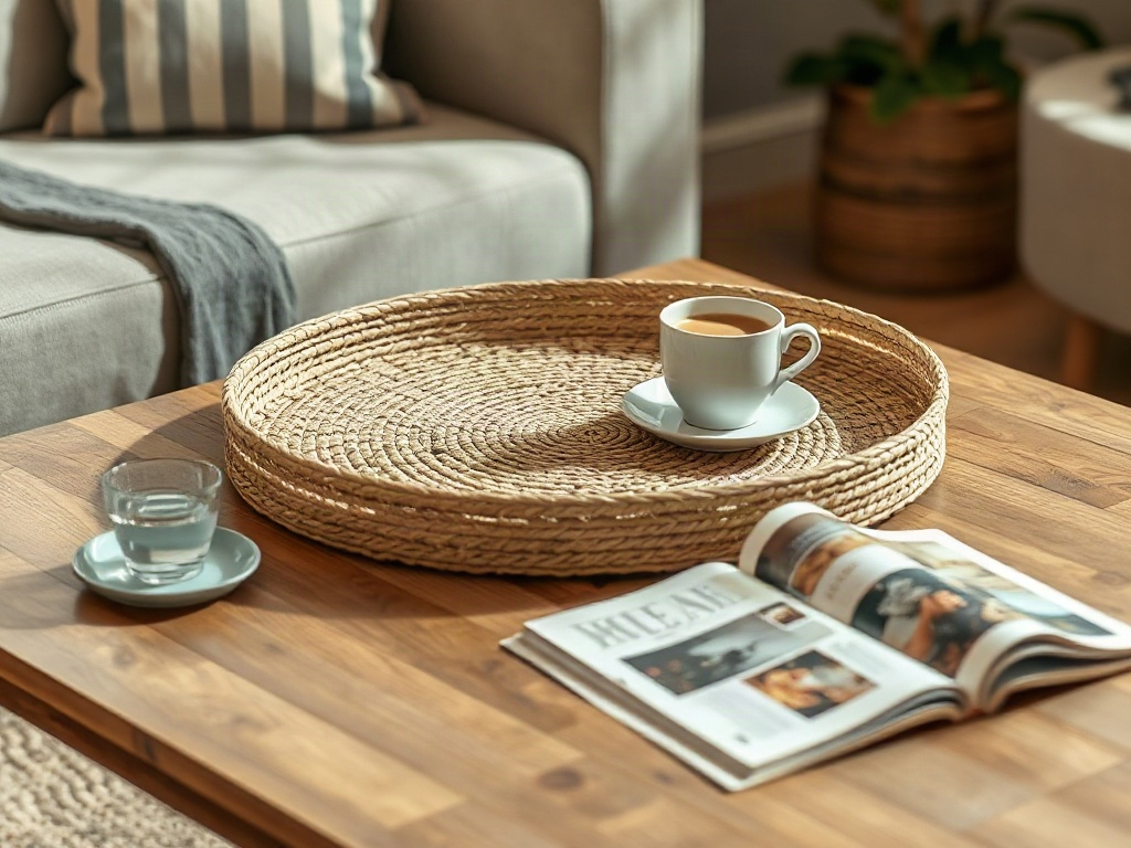 Rattan-Tablett rund auf Couchtisch mit Kaffeetasse und Zeitschriften in warmer Wohnzimmerumgebung