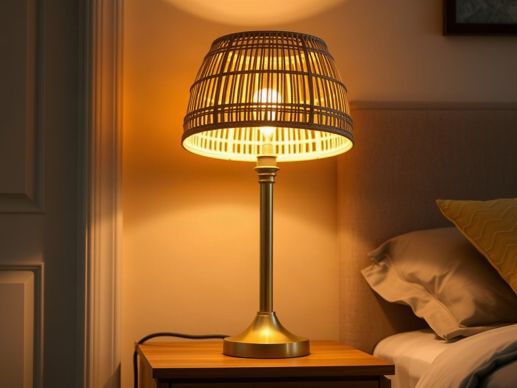 Rattan-Tischlampe auf einem Nachttisch mit warmem Licht, Übergang vom Schirm zum Metallbeschlag