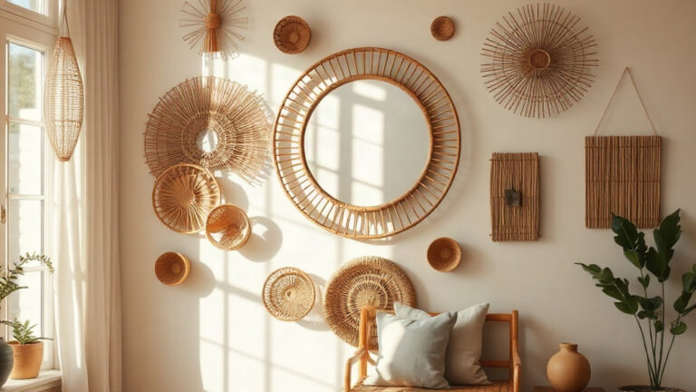 Rattanwand im Wohnzimmer: 5 Arrangements mit Flechtwerk und Spiegeln