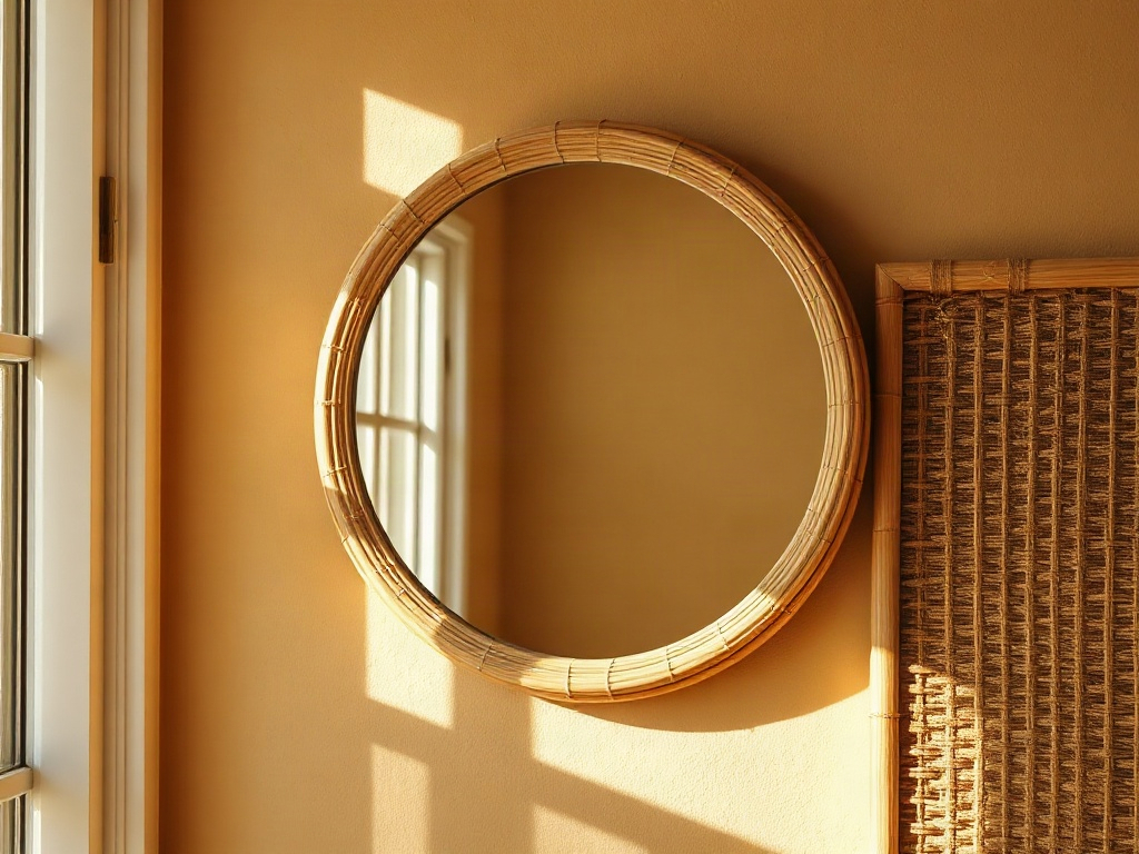 Detailaufnahme eines Rattanspiegels mit Flechtrahmen, an einer warmen Wand hängend, mit Morgenlicht von links.