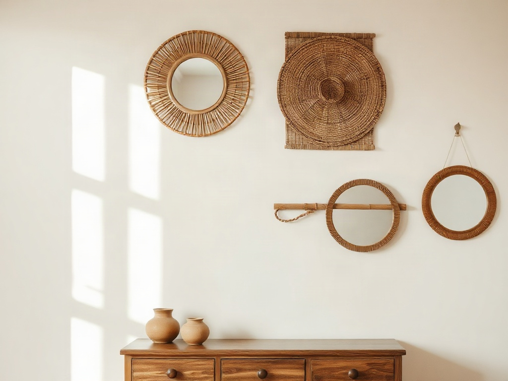 Asymmetrisches Wandarrangement mit Rattanspiegeln, Bambusplatte und gewobener Korbplatte auf einer hellen Wohnzimmerwand.