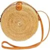 Runde Rattan-Tasche mit braunem Schulterriemen Runde Rattan-Tasche mit braunem Schulterriemen
