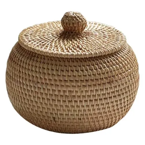 Runder Retro Rattan Aufbewahrungskorb mit Deckel Runder Retro Rattan Aufbewahrungskorb mit Deckel