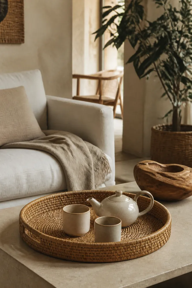 Rundes Rattan Tablett mit Keramiktassen auf einem Couchtisch