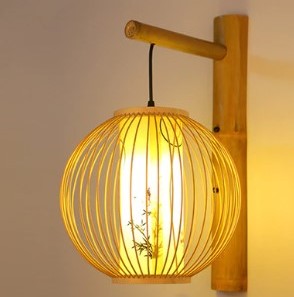 Rundes Wandlampen-Set aus Rattan mit asiatischem Muster