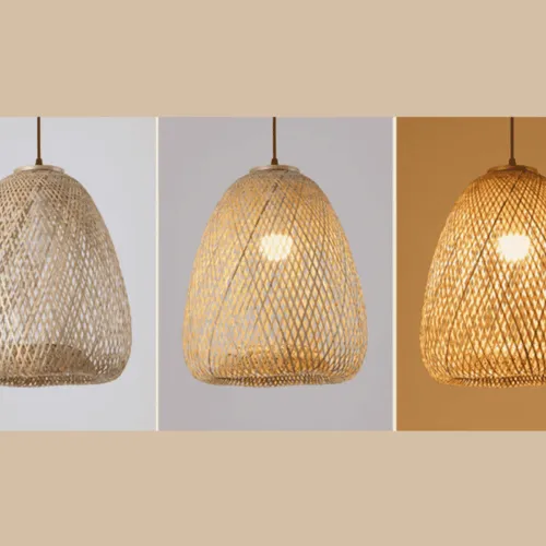 Rundliche Tulpenform Pendelleuchte aus Rattan im Landhausstil Rundliche Tulpenform Pendelleuchte aus Rattan im Landhausstil