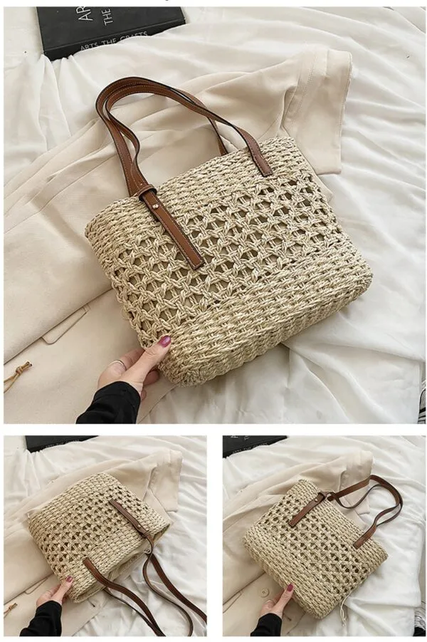 Strandtasche aus Naturstroh mit Beige-Details Strandtasche aus Naturstroh mit Beige-Details