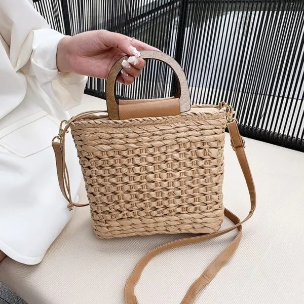 Tasche mit Holzgriff aus Rattan im Retro-Stil für Damen Tasche mit Holzgriff aus Rattan im Retro-Stil für Damen