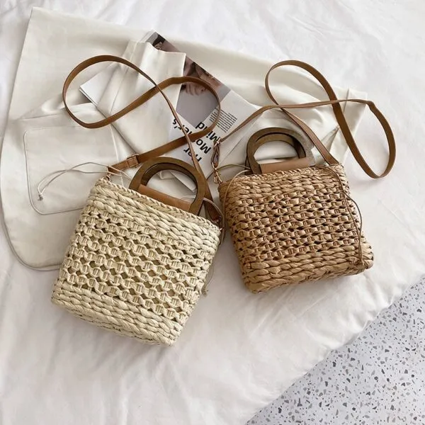 Tasche mit Holzgriff aus Rattan im Retro-Stil für Damen Tasche mit Holzgriff aus Rattan im Retro-Stil für Damen