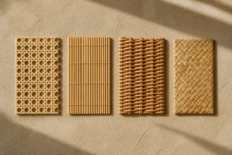Vier Naturfasern nebeneinander: Rattan, Bambus, Weide und Stroh