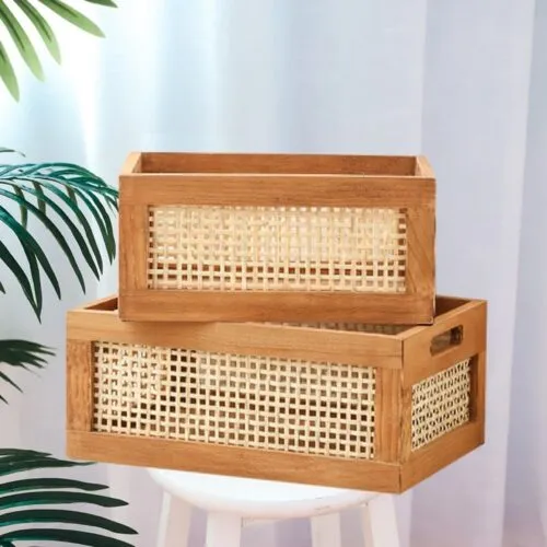 Vintage Aufbewahrungskorb aus Massivholz und Bambus Vintage Aufbewahrungskorb aus Massivholz und Bambus