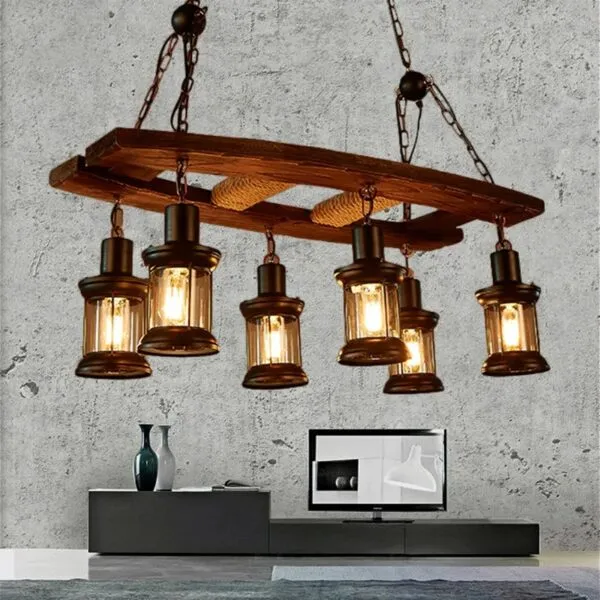 Vintage Deckenleuchte aus Treibholz mit sechs LED-Laternen Vintage Deckenleuchte aus Treibholz mit sechs LED-Laternen