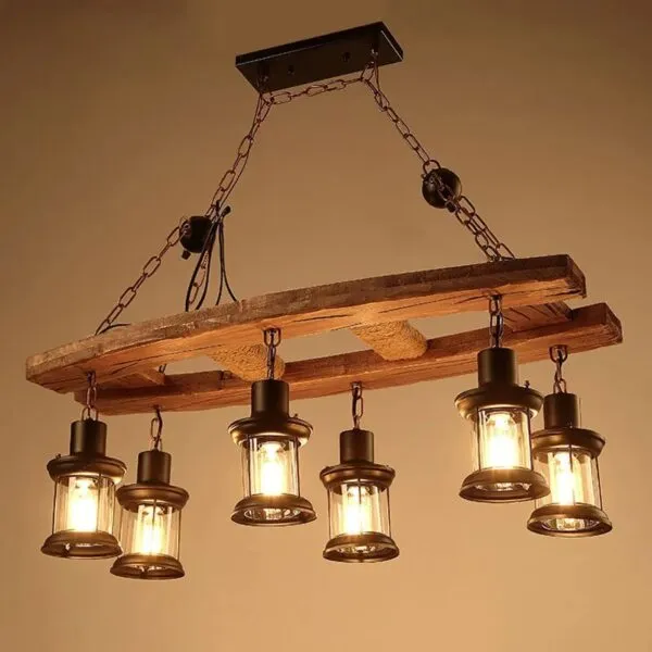 Vintage Deckenleuchte aus Treibholz mit sechs LED-Laternen Vintage Deckenleuchte aus Treibholz mit sechs LED-Laternen