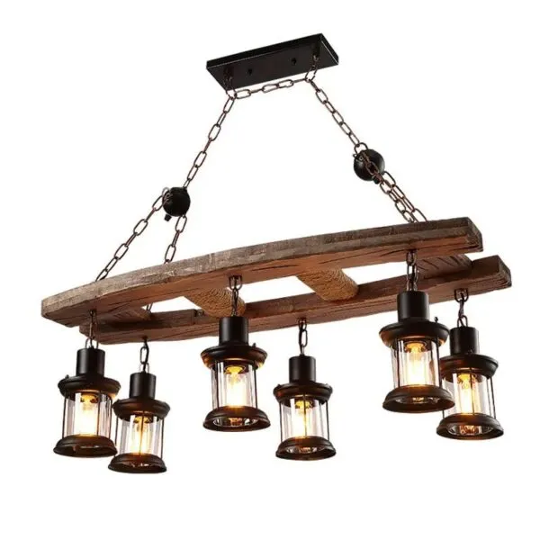 Vintage Deckenleuchte aus Treibholz mit sechs LED-Laternen Vintage Deckenleuchte aus Treibholz mit sechs LED-Laternen