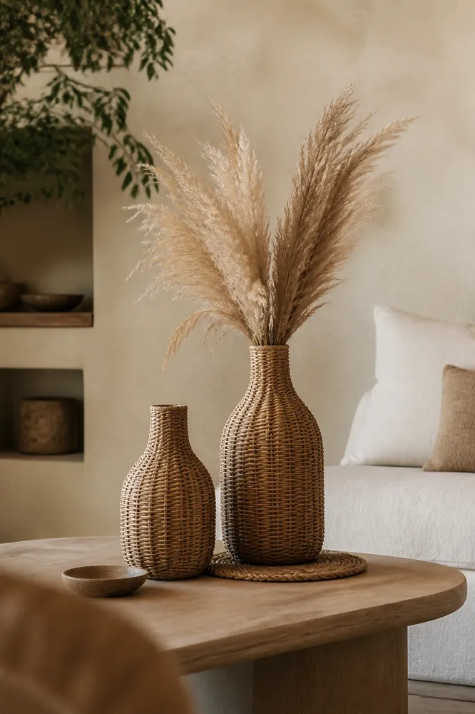 Zwei geflochtene Rattanvasen mit Pampasgras auf einem Couchtisch