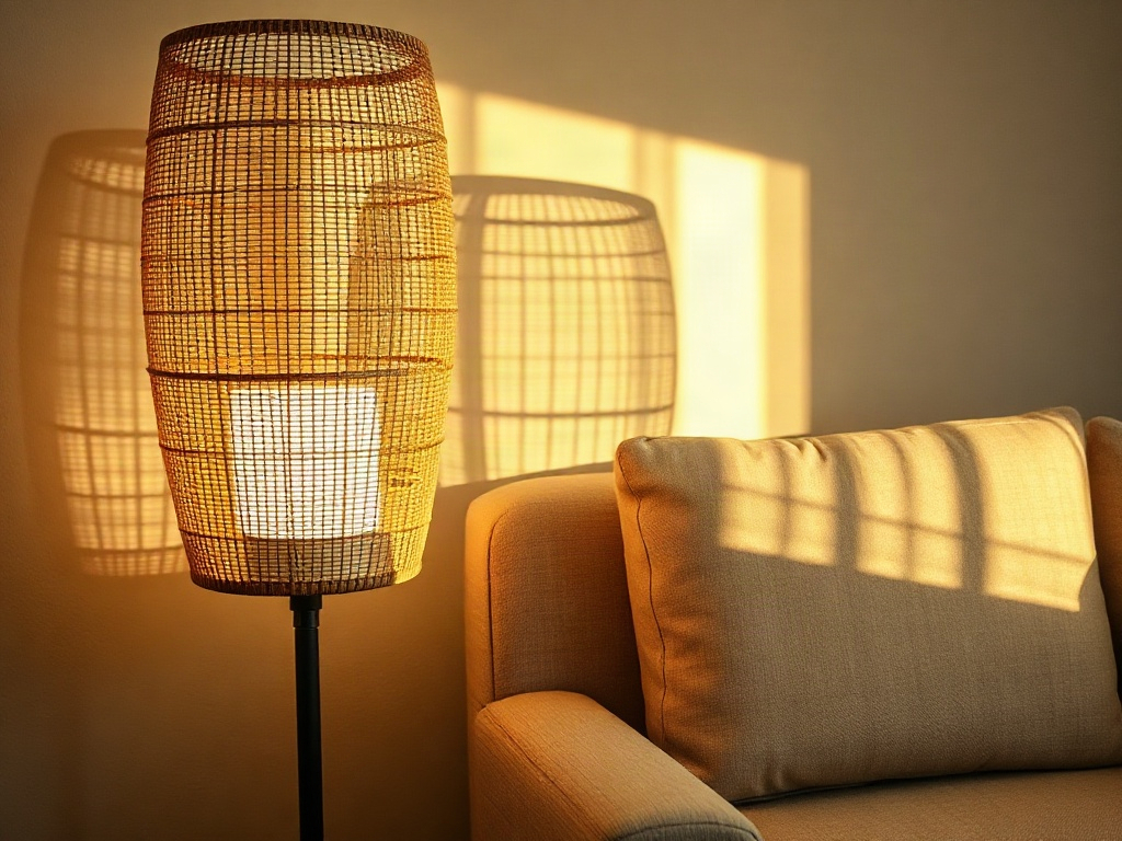 Bambusleuchte neben Sessel mit Lichtmuster an der Wand