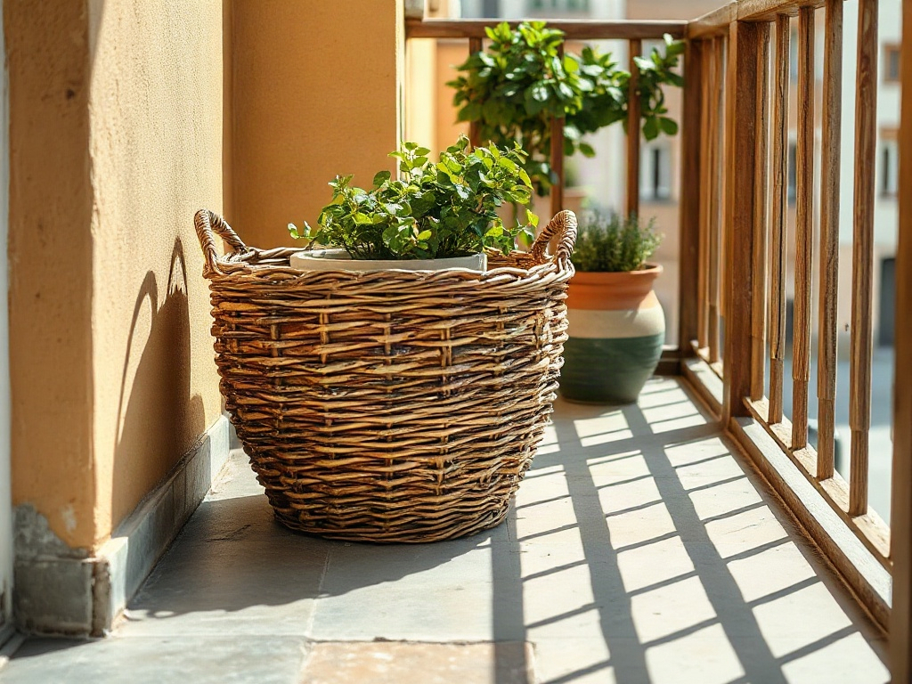 Geflochtener Übertopf auf einem Balkon mit Balkonpflanze nach einer Saison Wetterbeanspruchung