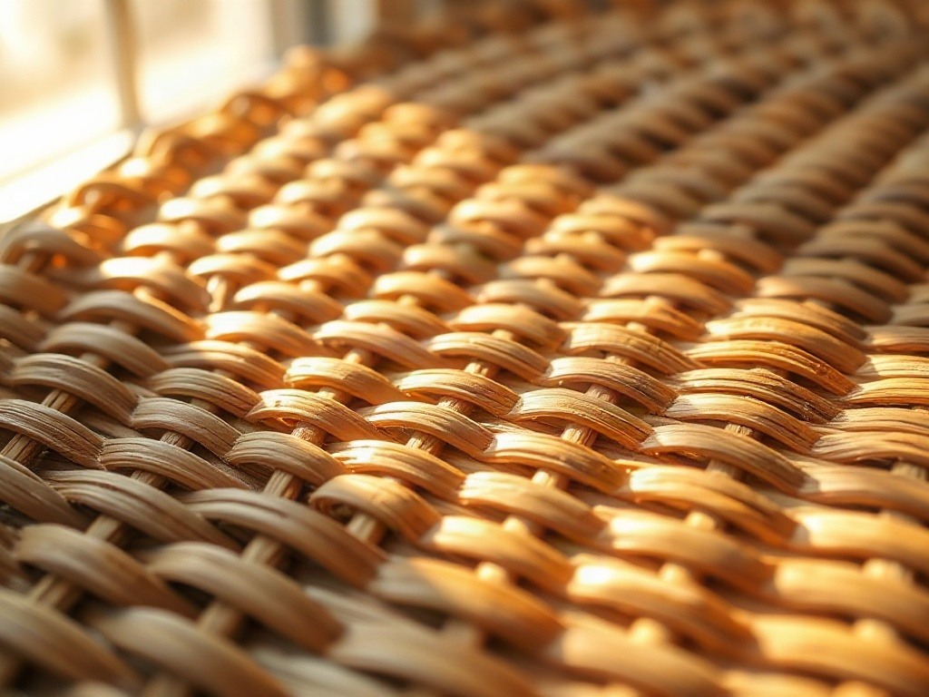 Detailansicht der Flechtstruktur eines Rattan-Teppichs mit warmem Licht