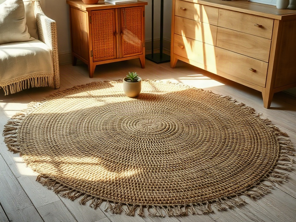 Ein gealterter Rattan-Teppich mit sichtbarer Patina nach Jahren der Nutzung