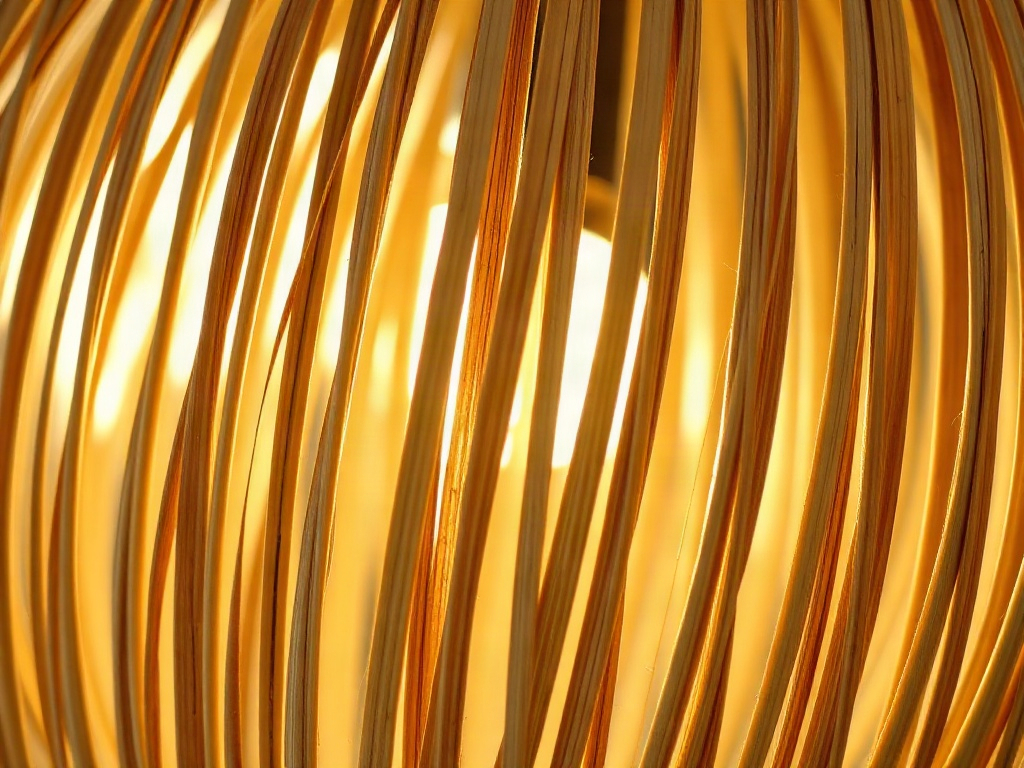 Detailaufnahme eines Rattanleuchten-Flechtmusters mit Tageslicht