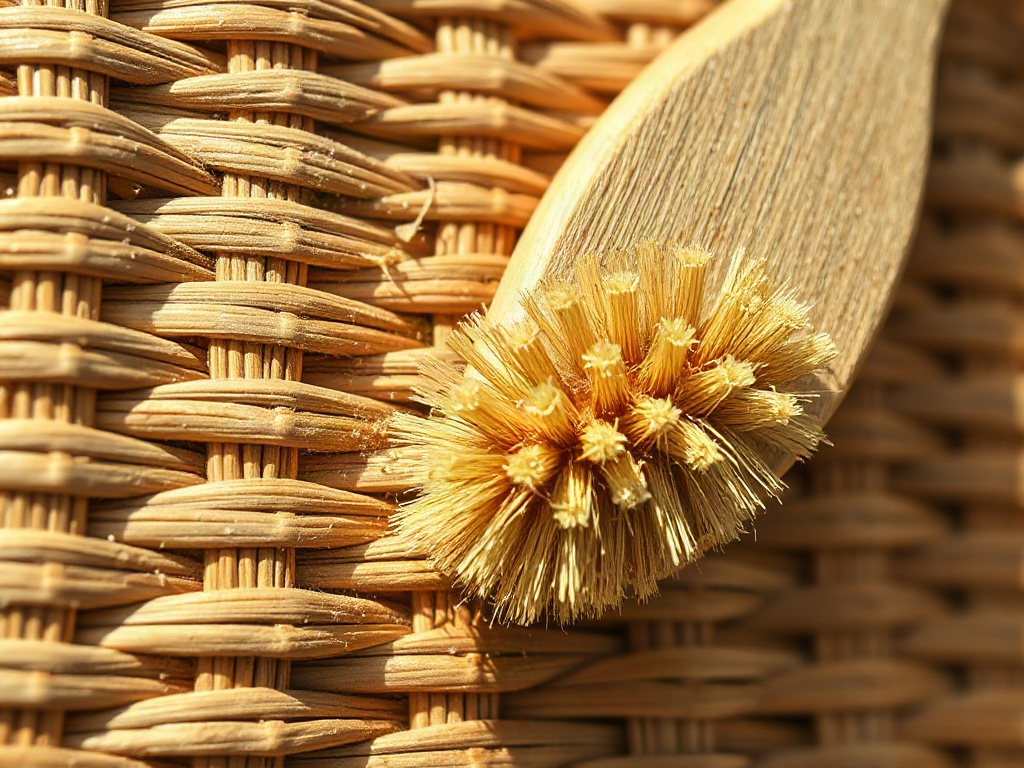 Detailaufnahme einer Rattan-Gewebefläche mit weicher Bürste bei sanftem Licht