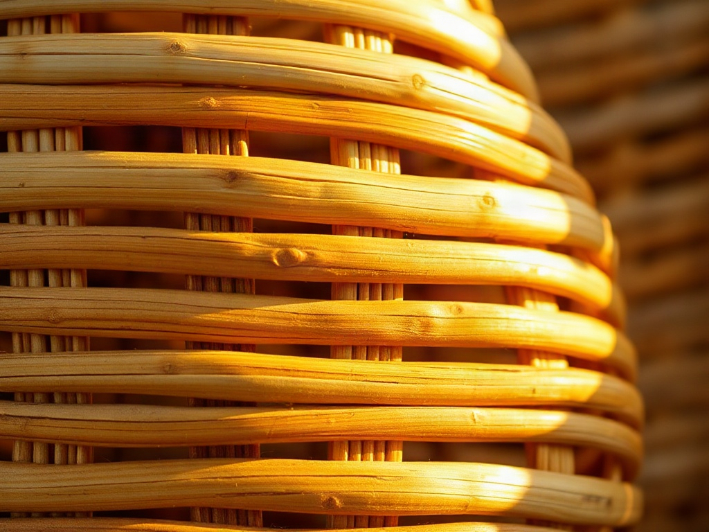 Detailaufnahme von straff geflochtenem Rattan in warmer Tageslichts, die einzelnen Palmfasern zeigen gleichmäßige Bindung und natürliche Färbungsvariationen