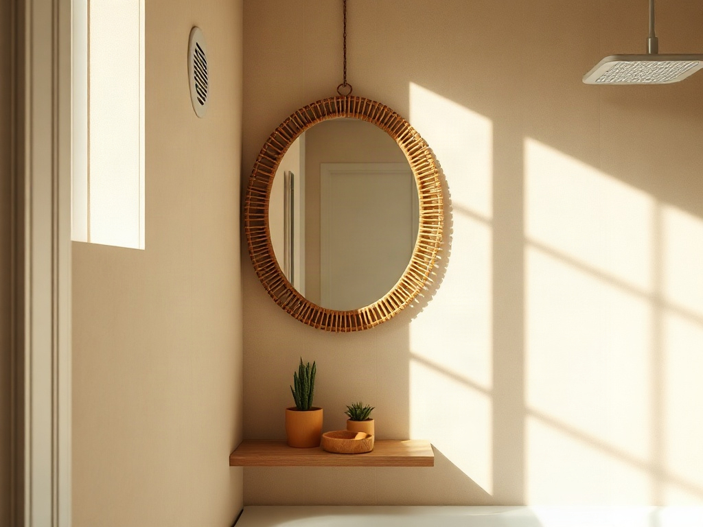 Badezimmerecke mit an der Wand angebrachtem Rattanspiegel in sicherer Entfernung von Dusche und Badewanne, mit Belüftungsöffnung sichtbar
