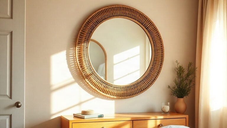Große Rattan-Wandspiegel im Schlafzimmer: Proportionen, Aufhängung und Lichteffekte